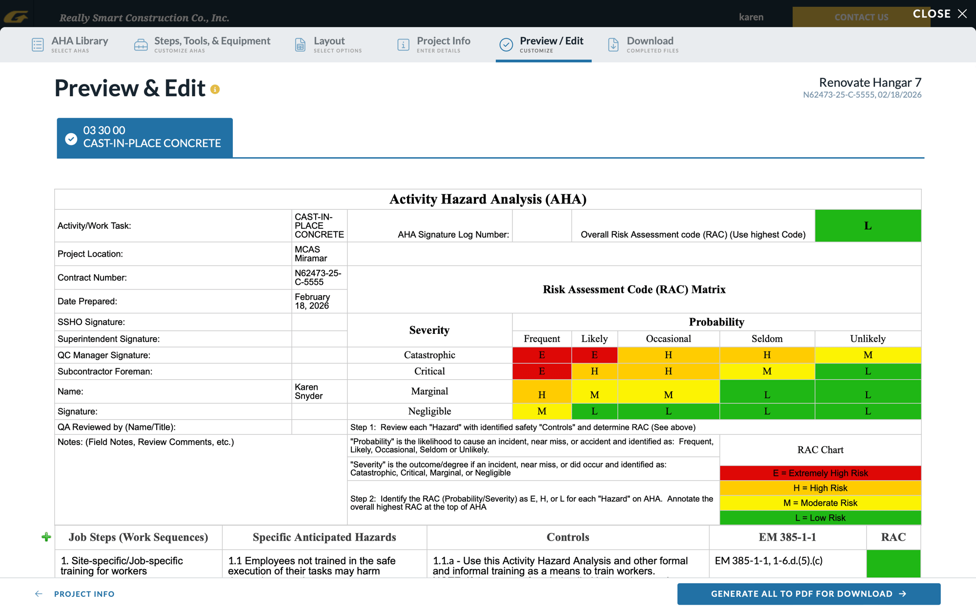 Customized Activity Hazard Analysis in Gadzoom with project details and a color-coded risk assessment matrix. Customized Activity Hazard Analysis in Gadzoom with project details and a color-coded risk assessment matrix.