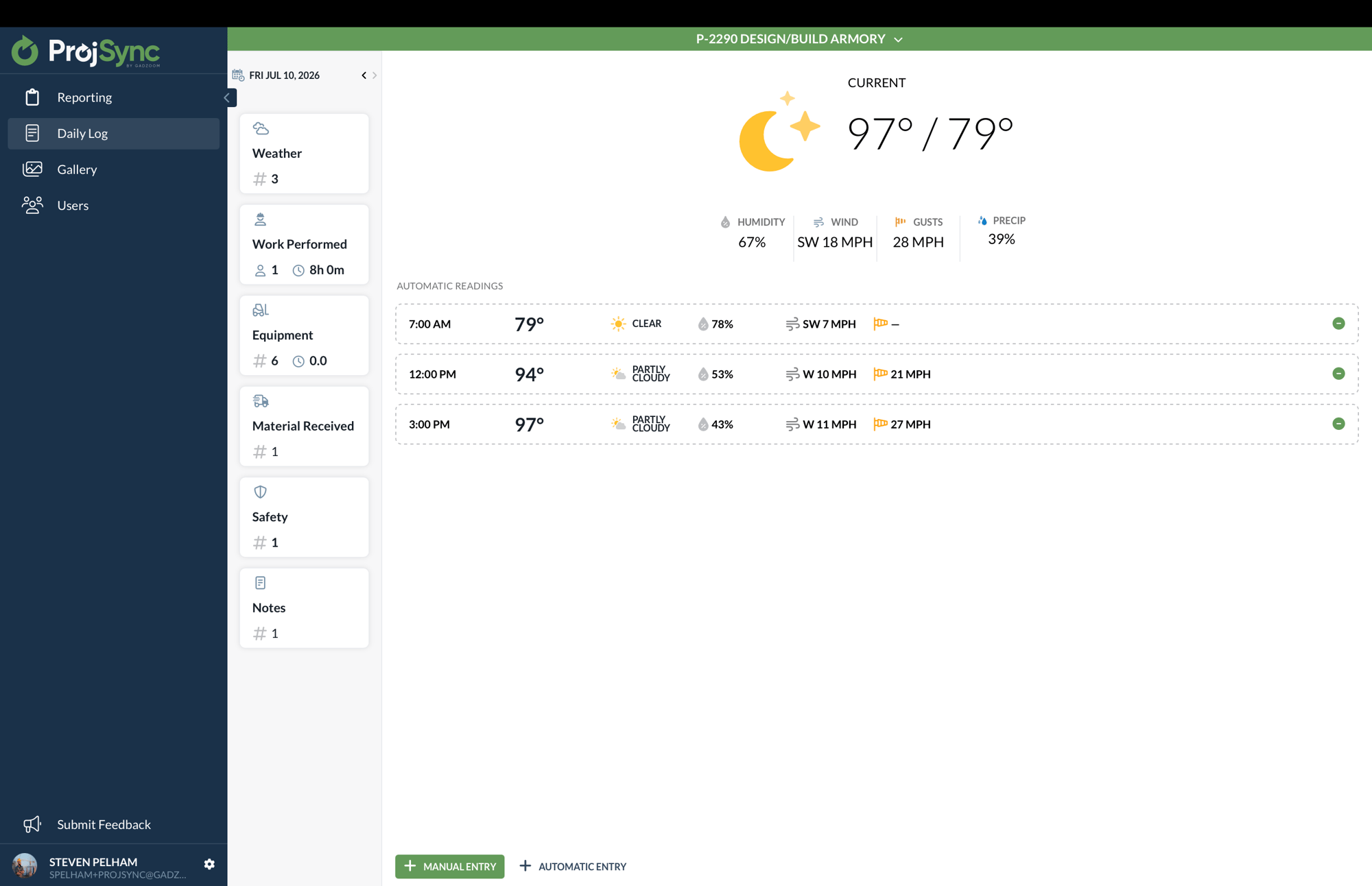 ProjSync Daily Log showing current weather conditions and automatic readings for a construction project. ProjSync Daily Log showing current weather conditions and automatic readings for a construction project.