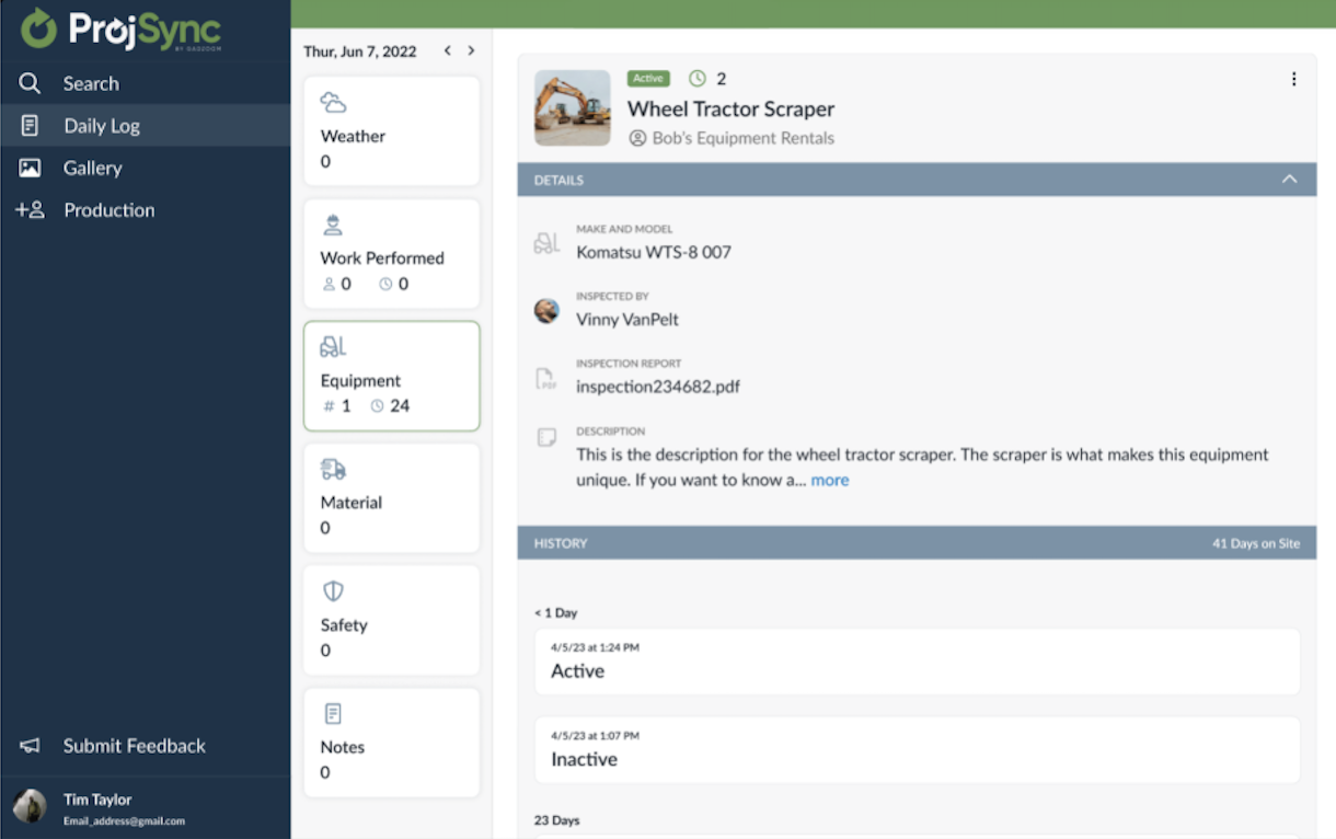ProjSync daily log showing equipment details, an inspection report, and activity history.