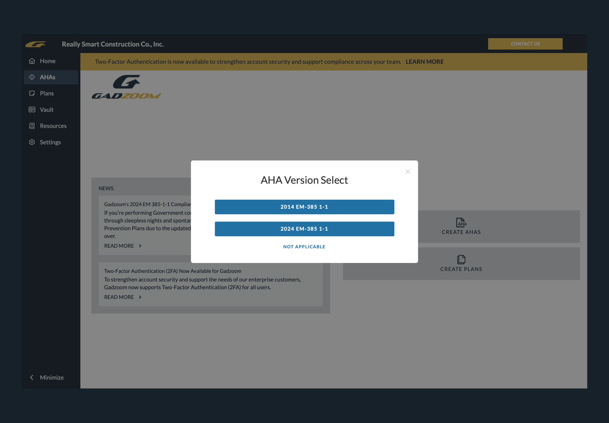 Gadzoom AHA version selector with options for the 2014 and 2024 editions of EM 385-1-1.