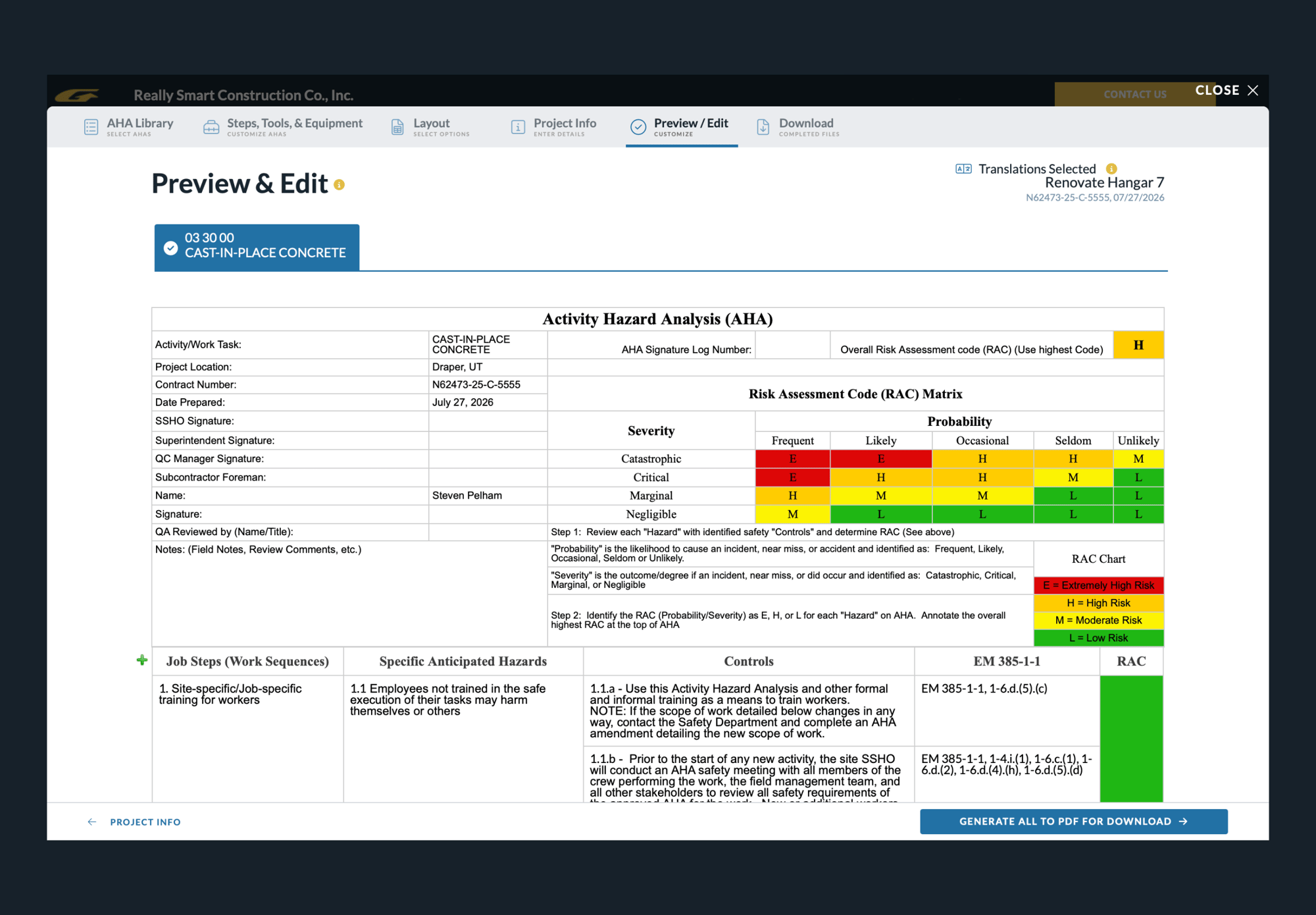 Gadzoom preview of a completed, site-specific Activity Hazard Analysis for cast-in-place concrete.