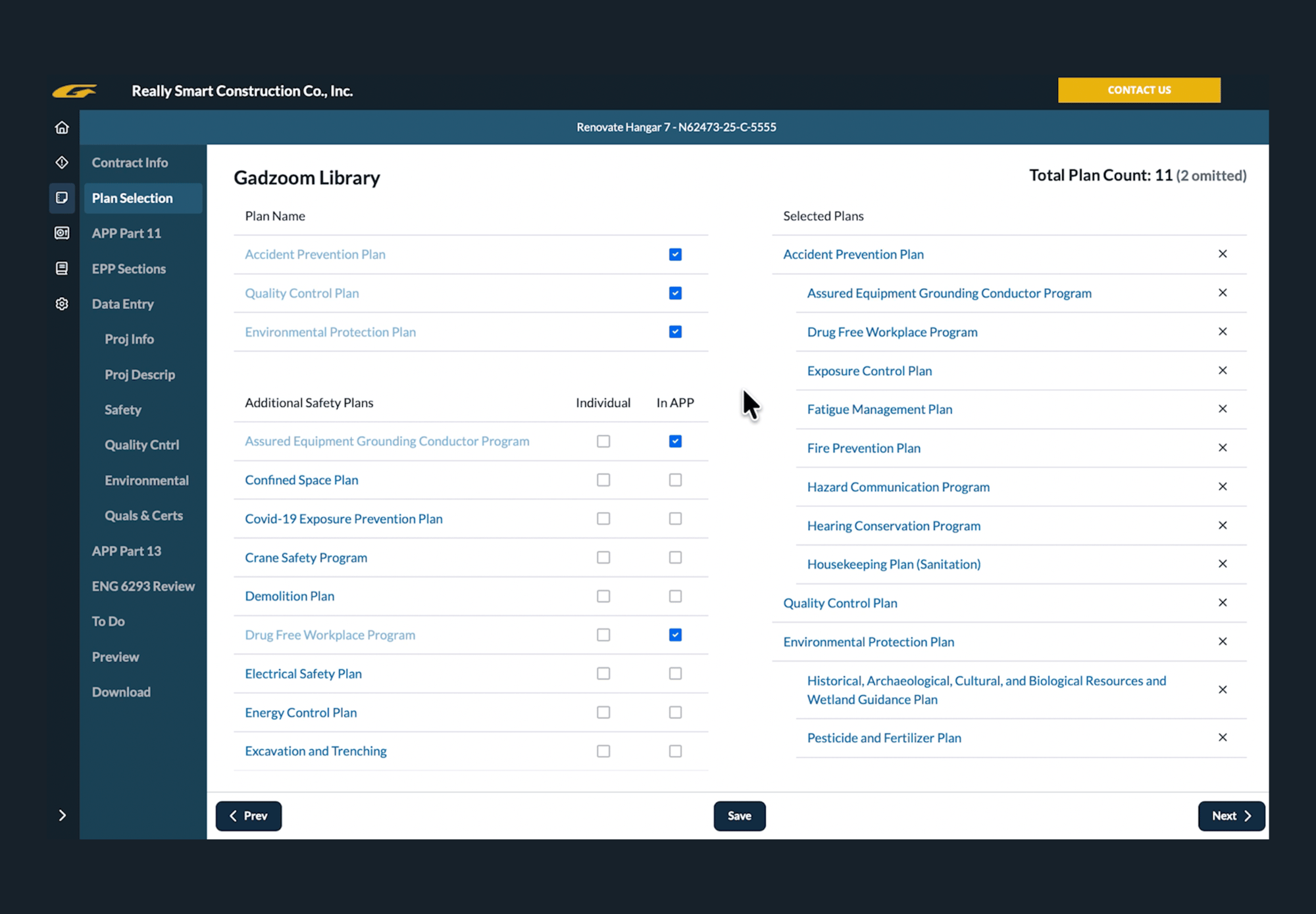 Gadzoom Plan selection screen with Accident Prevention, Quality Control, Environmental Protection, and other construction Plans available to select.