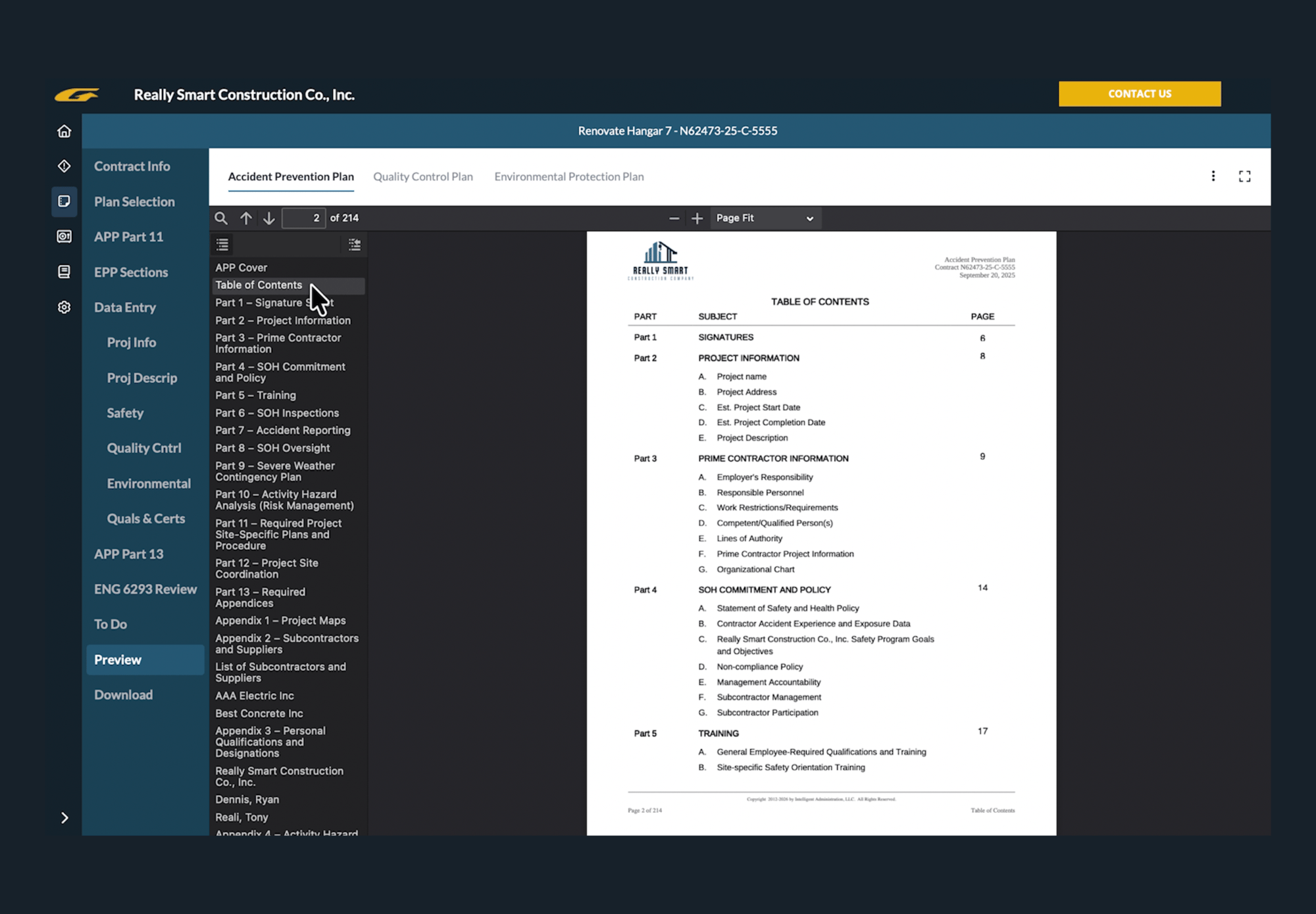 Completed Accident Prevention, Quality Control, and Environmental Protection Plans created in Gadzoom.