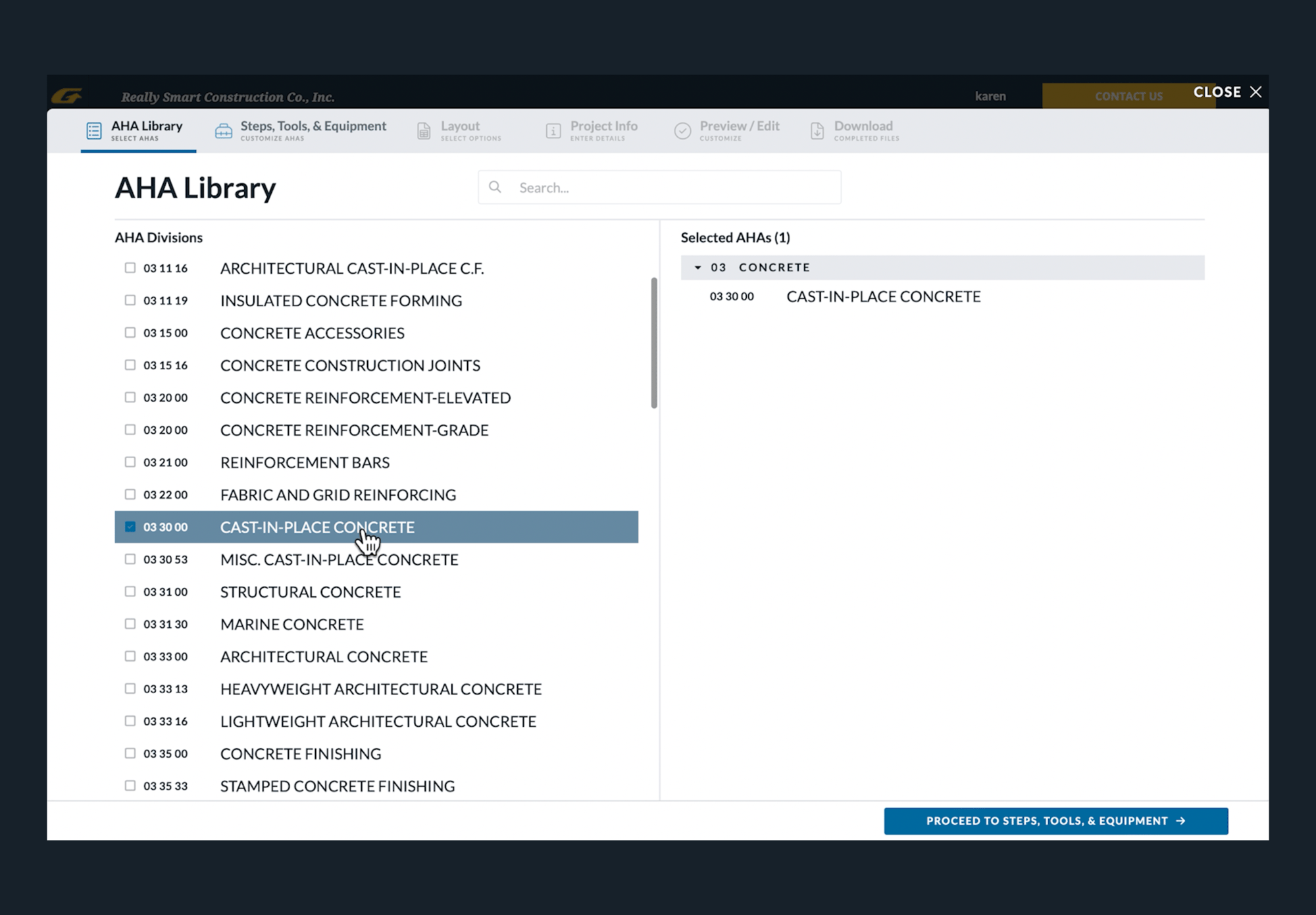 Gadzoom AHA Library showing cast-in-place concrete selected from more than 2,500 activity options.