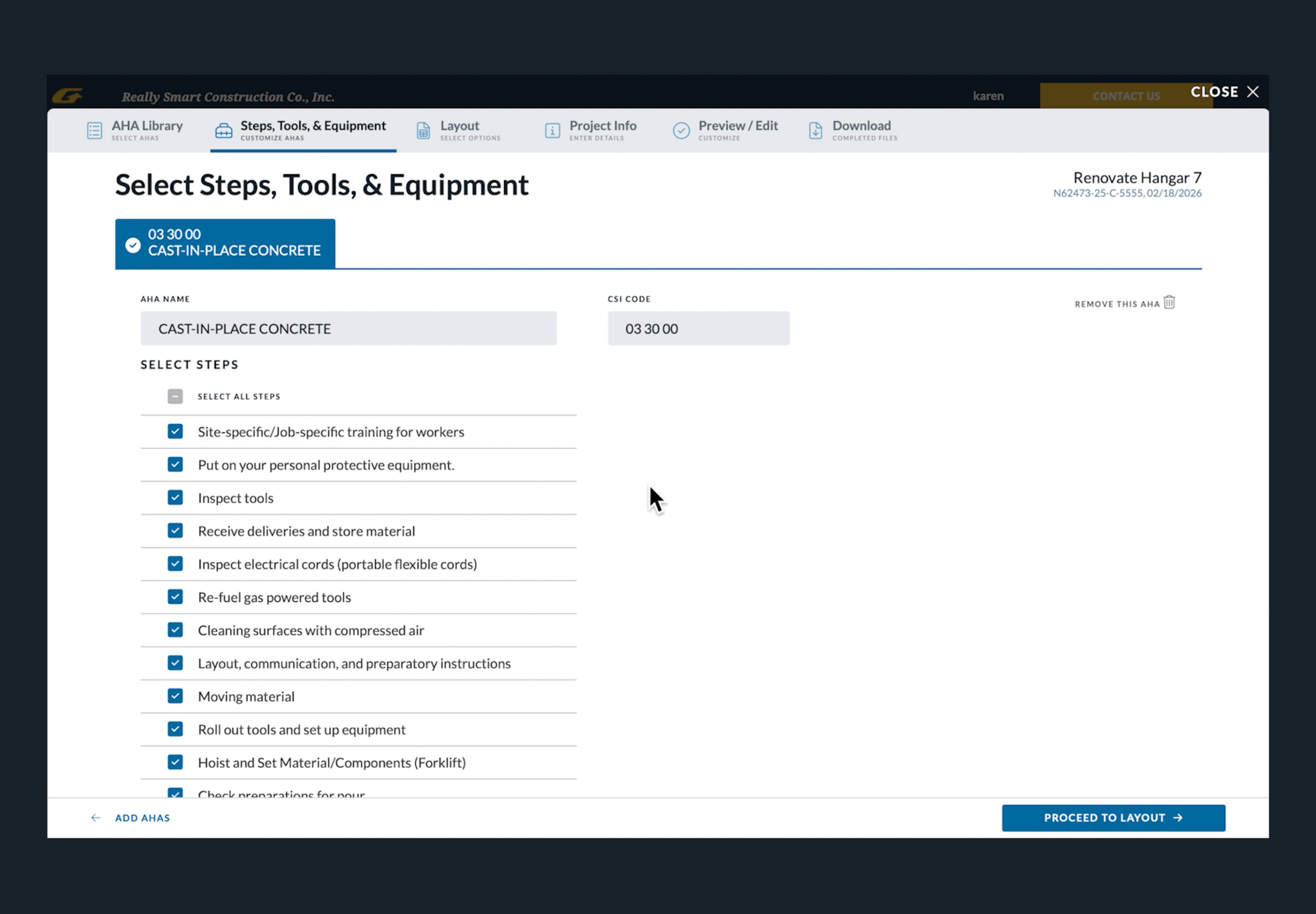 Gadzoom screen for selecting job steps, tools, and equipment for a cast-in-place concrete AHA.